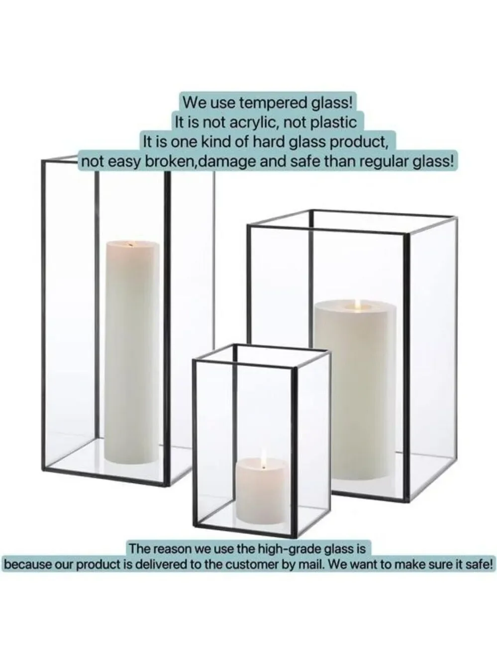 Square Glass Hurricane Candle Holders Set of 3 Vintage Brass Frame Home Centerpi